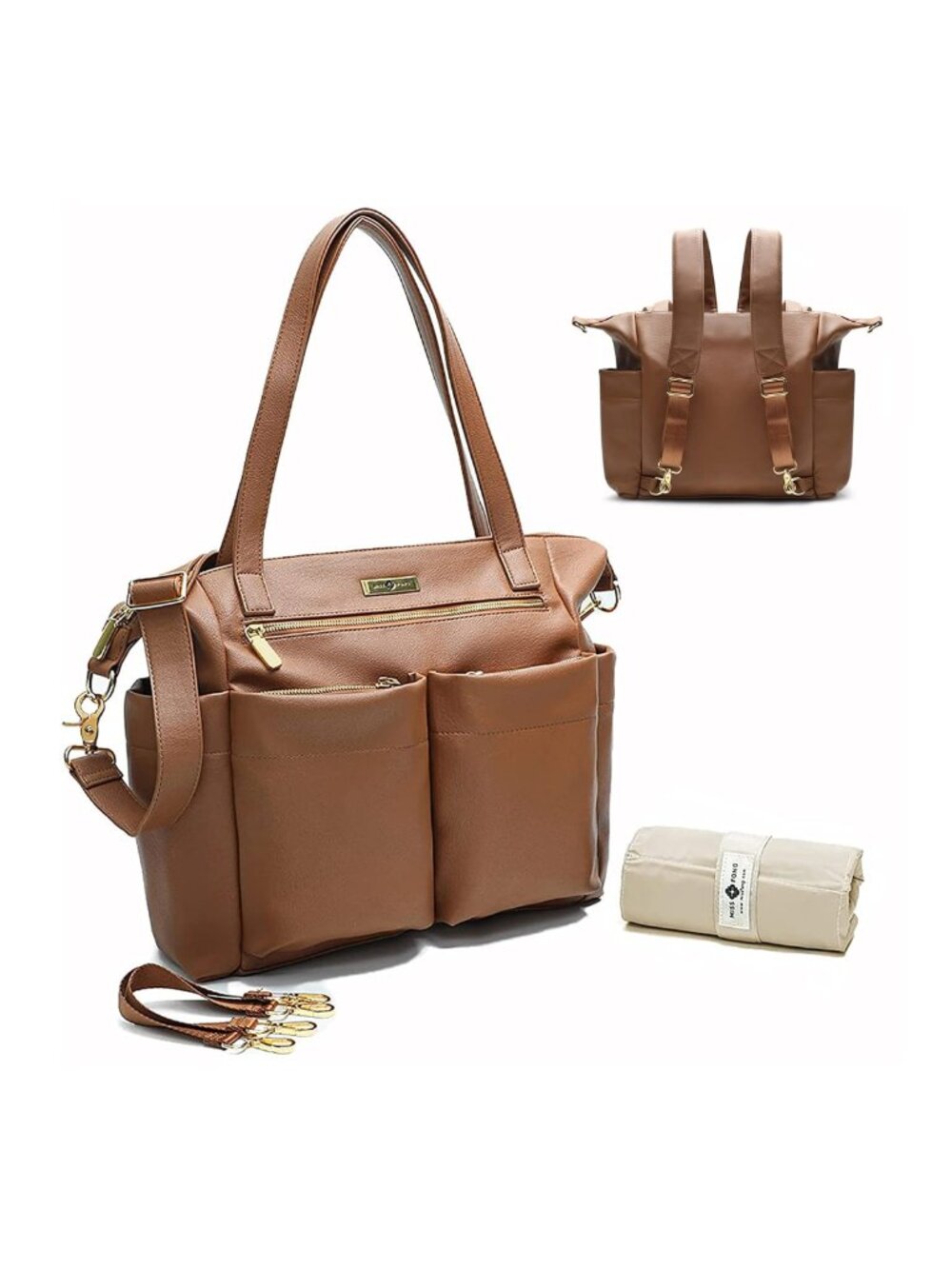 Faux Leather Diaper Bag Backpack Tote with Changing Pad, 15 Pockets, Insulated,